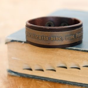 Live Love Latin Etched Copper Brown Leather Cuff